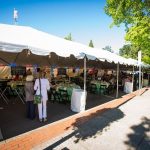 Tented venue space with pink and green tables and guests underneath on a sunny day in Forest Grove