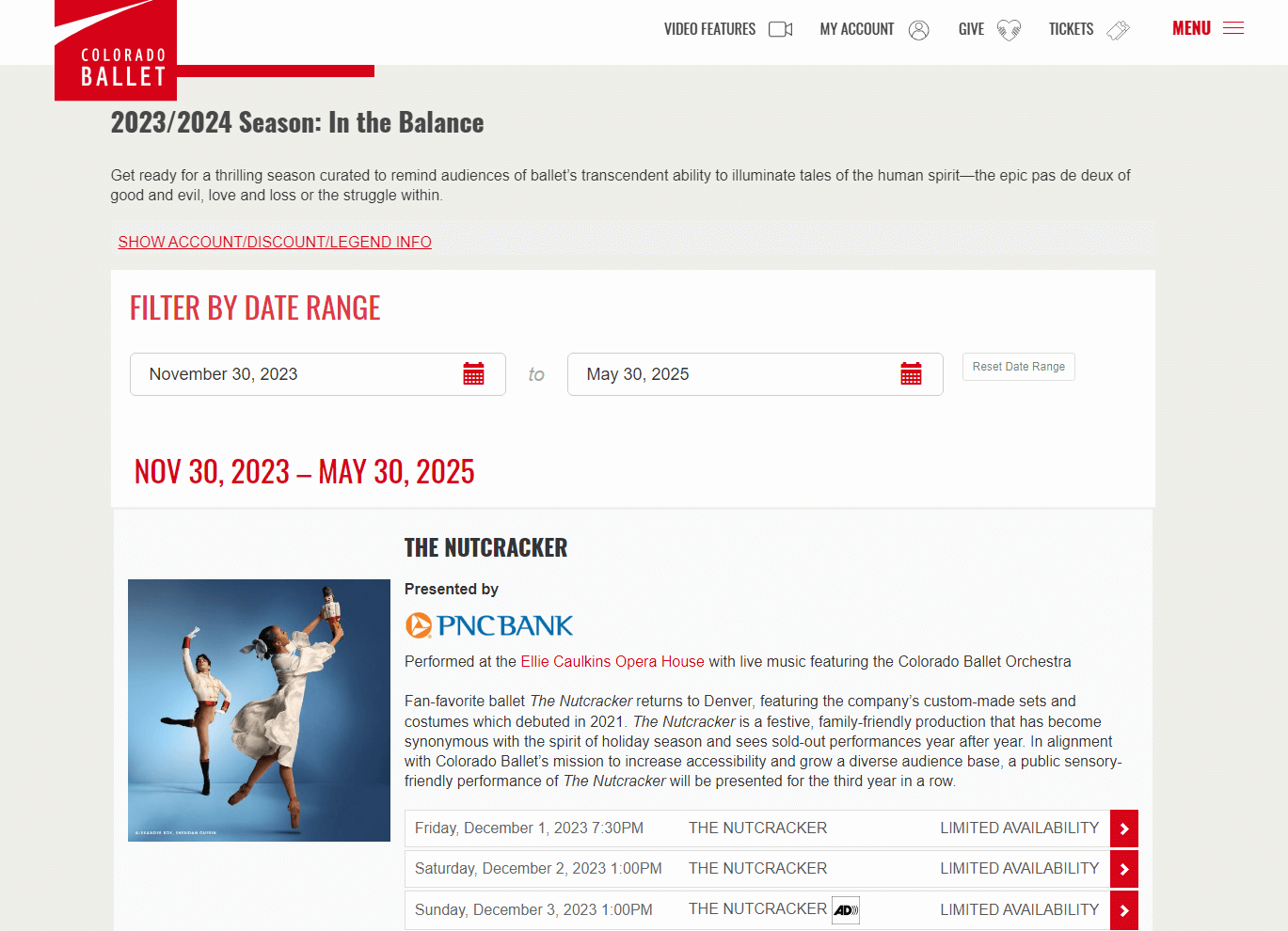 A screenshot of the performances page on the Colorado Ballet’s nonprofit website.