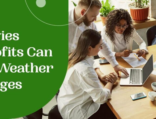 Nonprofit employees hard at work and the title of the article: Strategies Nonprofits Can Use to Weather Challenges