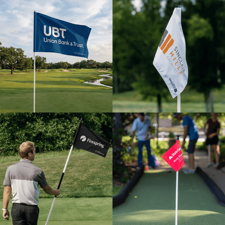 Custom golf pin flags with sponsor logos are shown on golf courses.