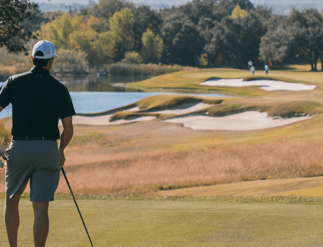 A man in golf attire holding a golf club stands on a golf course looking out a fairway with long grass on the edges, sand bunkers and a small lake